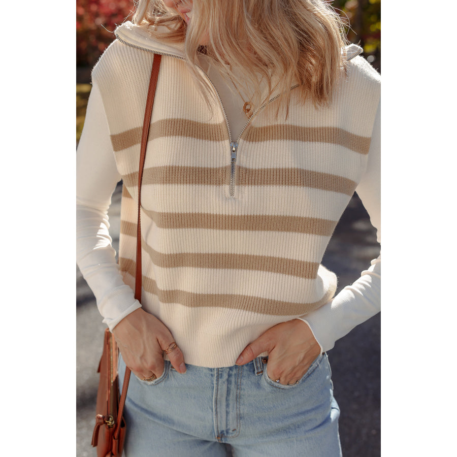 Chicory Coffee Ribbed Half Zip Collared Sweater Vest Khaki Stripe / S / 52% Viscose + 26% Polyester + 22% Polyamide Sweaters &