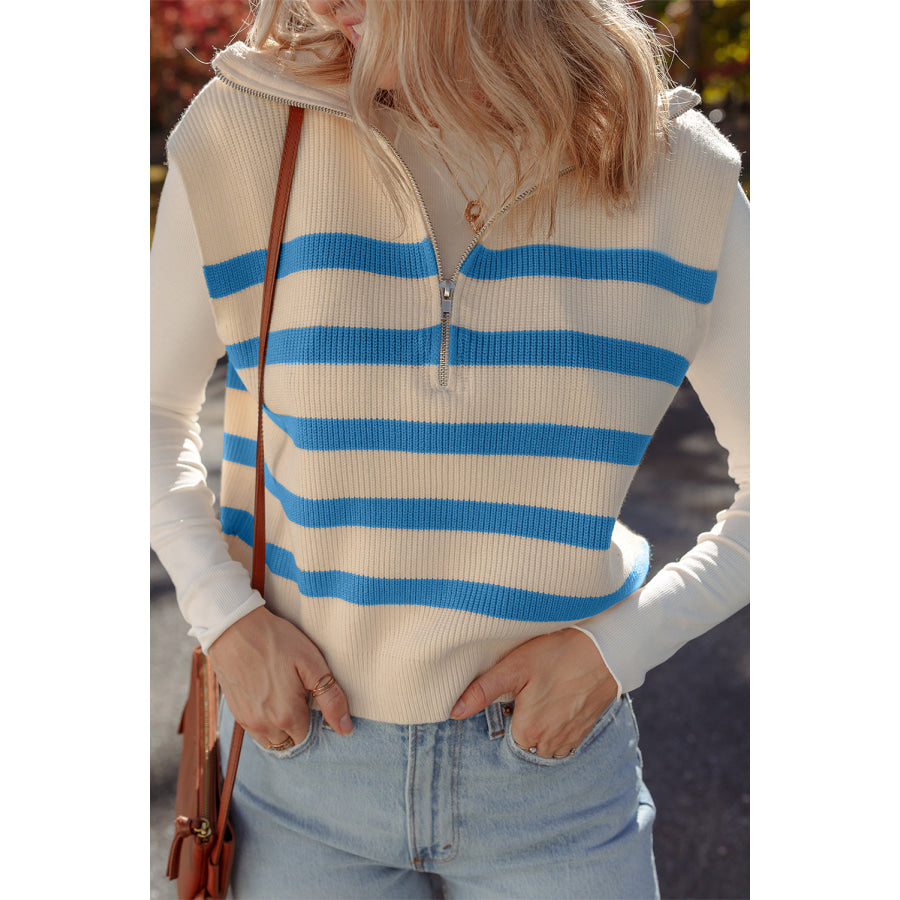 Chicory Coffee Ribbed Half Zip Collared Sweater Vest Light Blue / S / 52% Viscose + 26% Polyester + 22% Polyamide Sweaters &