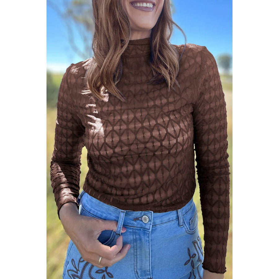 Chicory Coffee Sheer Textured Lace Stand Neck Long Sleeve Top Chicory Coffee / S Tops/Long Sleeve Tops