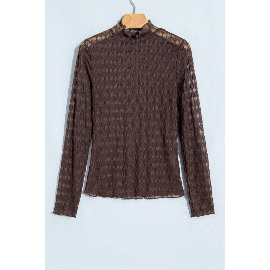 Chicory Coffee Sheer Textured Lace Stand Neck Long Sleeve Top Tops/Long Sleeve Tops