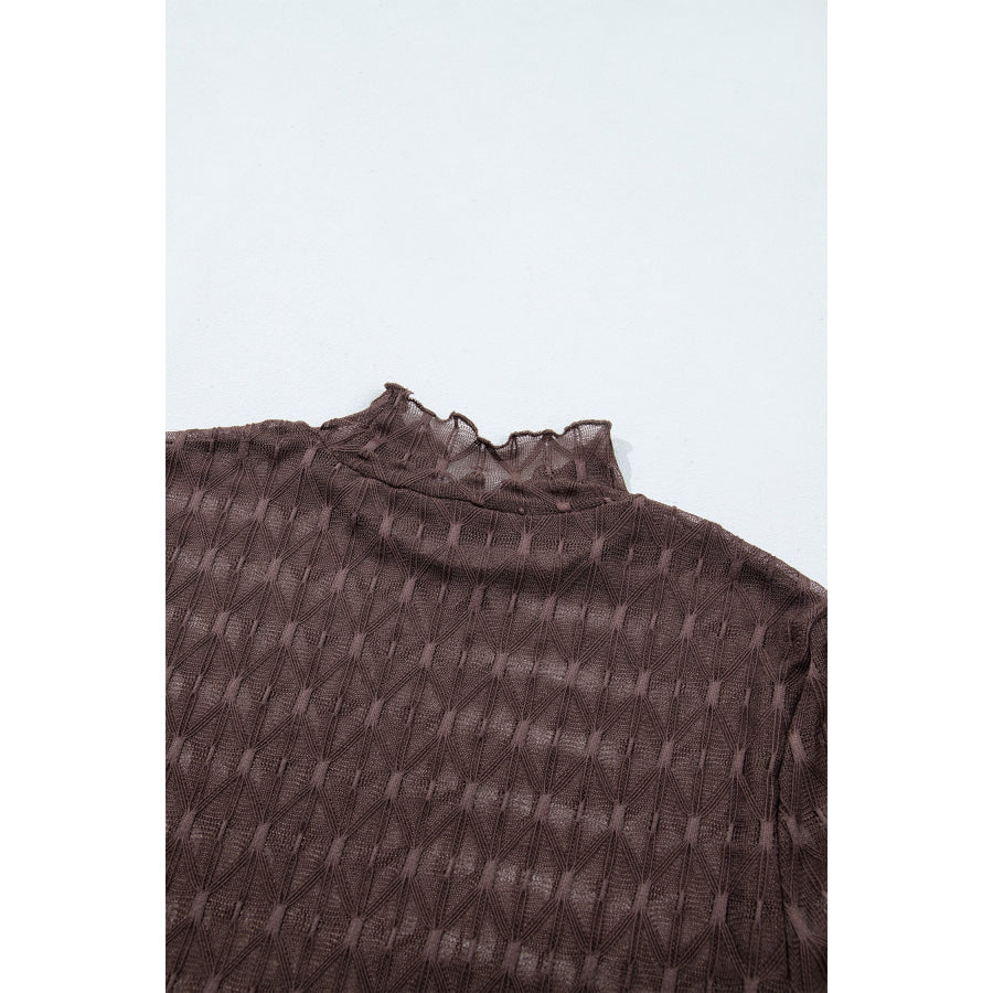 Chicory Coffee Sheer Textured Lace Stand Neck Long Sleeve Top Tops/Long Sleeve Tops