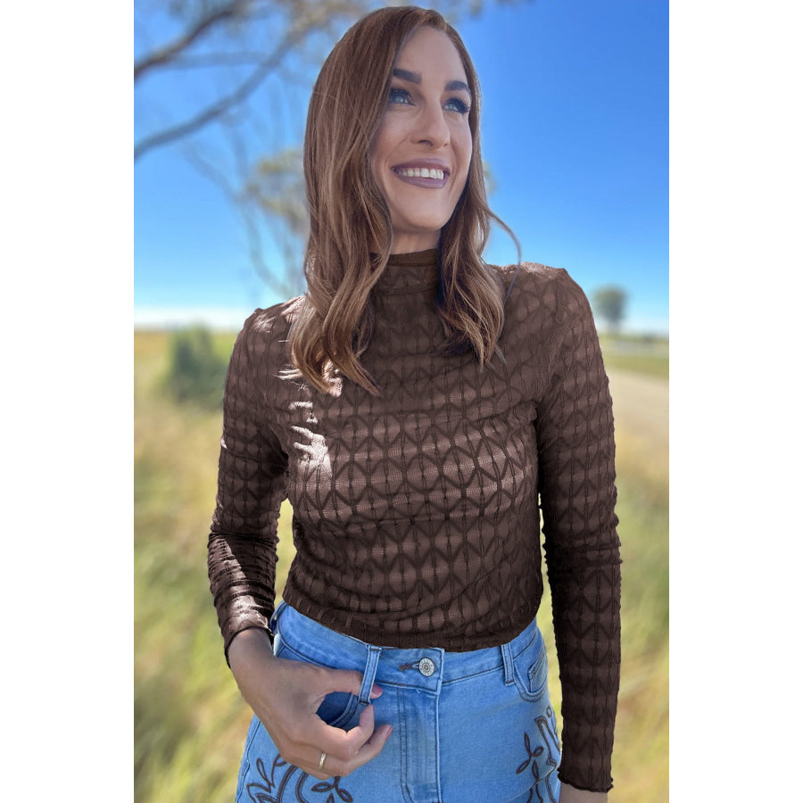 Chicory Coffee Sheer Textured Lace Stand Neck Long Sleeve Top Tops/Long Sleeve Tops
