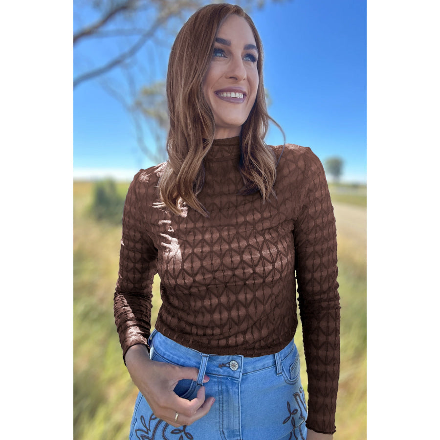 Chicory Coffee Sheer Textured Lace Stand Neck Long Sleeve Top Tops/Long Sleeve Tops
