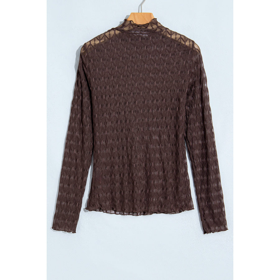 Chicory Coffee Sheer Textured Lace Stand Neck Long Sleeve Top Tops/Long Sleeve Tops