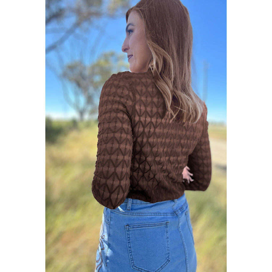 Chicory Coffee Sheer Textured Lace Stand Neck Long Sleeve Top Tops/Long Sleeve Tops