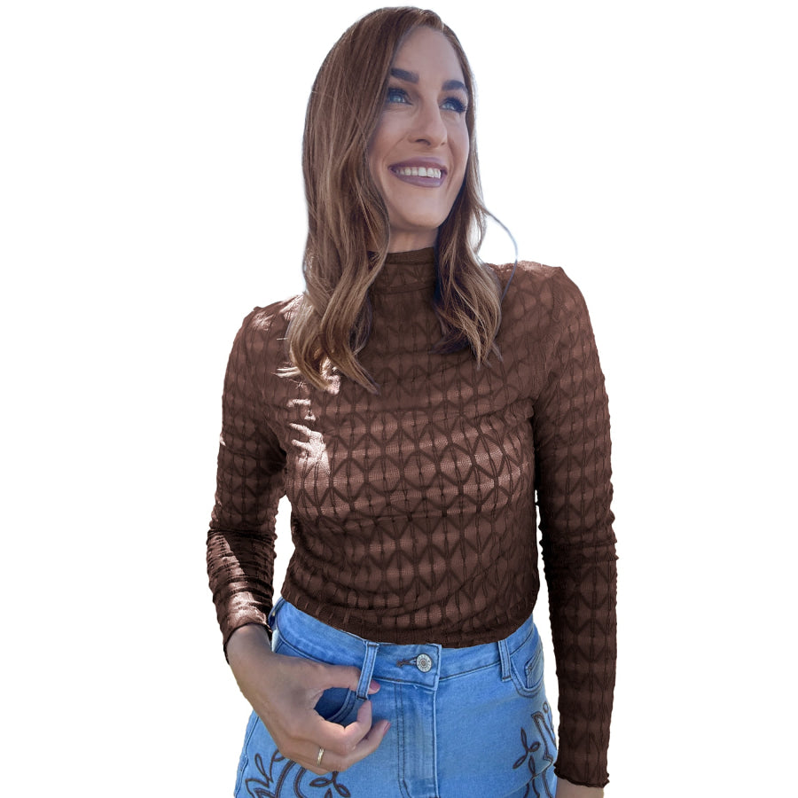 Chicory Coffee Sheer Textured Lace Stand Neck Long Sleeve Top Tops/Long Sleeve Tops