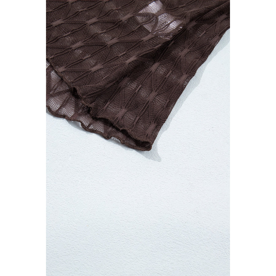 Chicory Coffee Sheer Textured Lace Stand Neck Long Sleeve Top Tops/Long Sleeve Tops