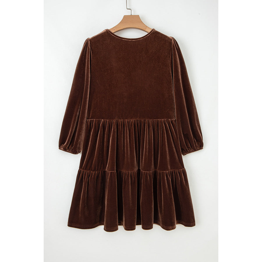Chicory Coffee Solid Color Velvet V Neck Long Sleeve Tiered Mini Dress Dresses/Mini Dresses