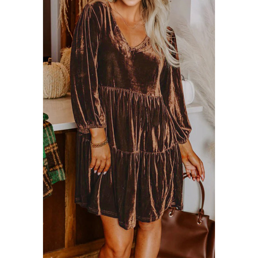 Chicory Coffee Solid Color Velvet V Neck Long Sleeve Tiered Mini Dress Chicory Coffee / S / 100% Polyester Dresses/Mini Dresses
