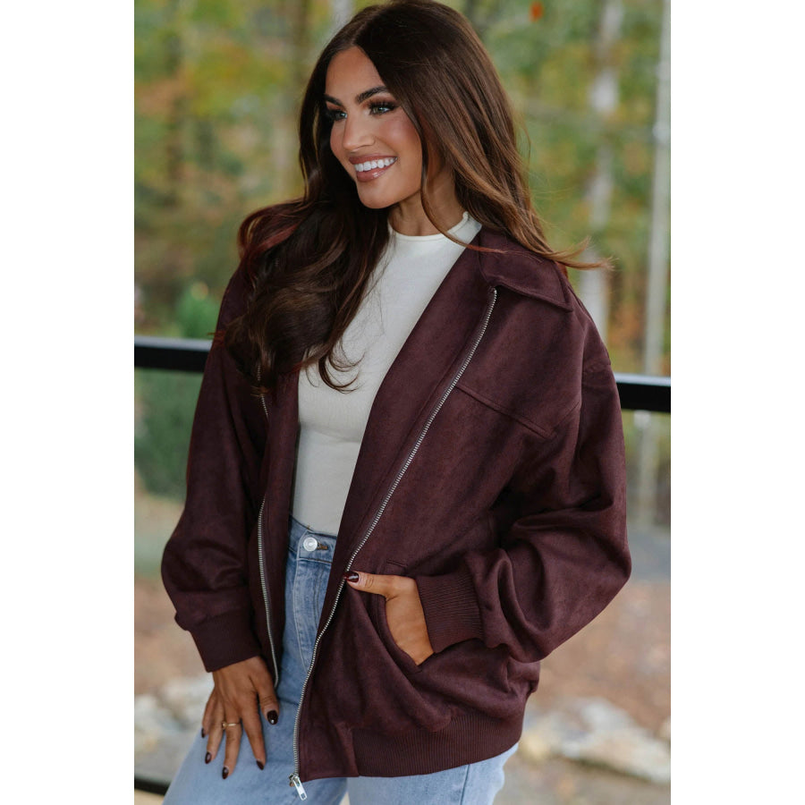 Chicory Coffee Solid Zip-up Metal Placket Collar Long Sleeve Jacket Outerwear/Jackets