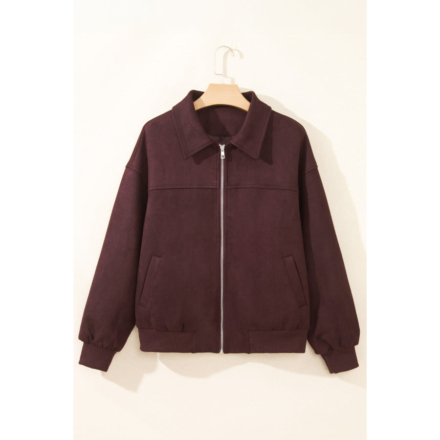Chicory Coffee Solid Zip-up Metal Placket Collar Long Sleeve Jacket Outerwear/Jackets