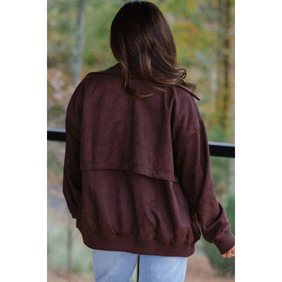 Chicory Coffee Solid Zip-up Metal Placket Collar Long Sleeve Jacket Outerwear/Jackets