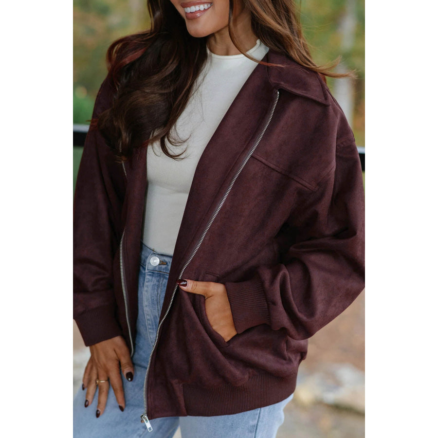 Chicory Coffee Solid Zip-up Metal Placket Collar Long Sleeve Jacket / S / Shell:90% Polyester + 10% Elastane + Lining:100% Polyester