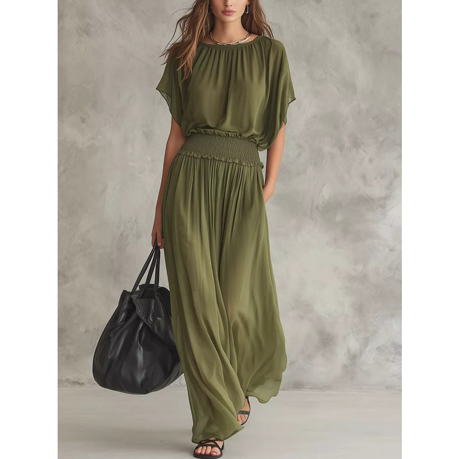 Chiffon Maxi Dress with Smocked Waist Army Green / S Apparel and Accessories