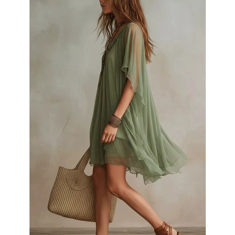 Chiffon V-Neck Mini Dress Apparel and Accessories