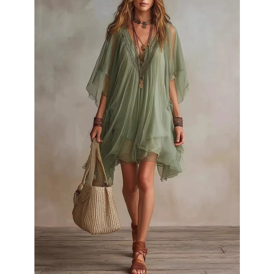Chiffon V-Neck Mini Dress Green / XS Apparel and Accessories