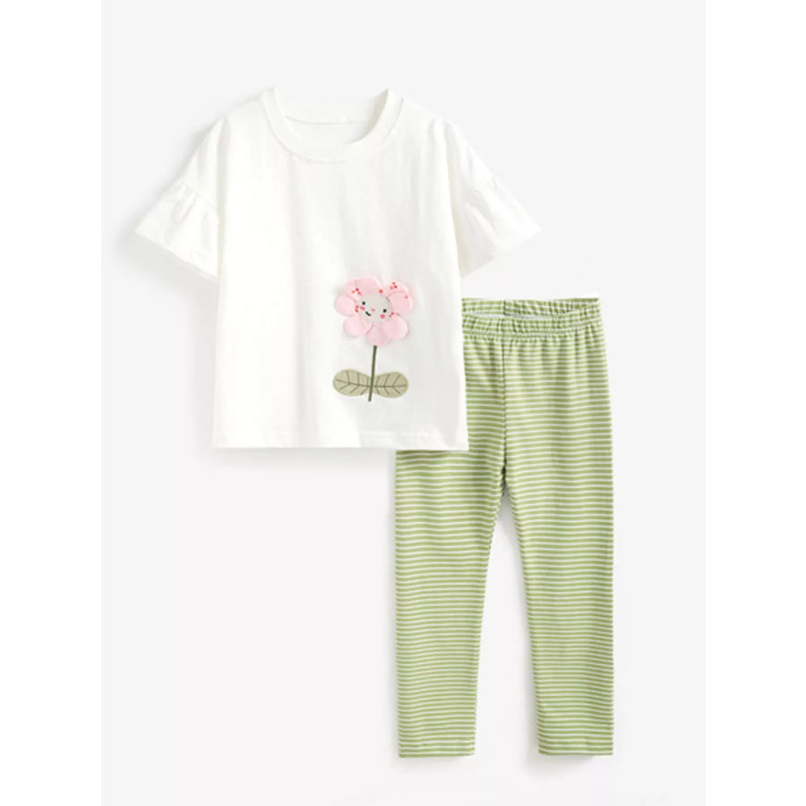 Children’s 3D Flower Applique Ruffle Sleeve Top & Striped Pants Set White / 3T Apparel and Accessories