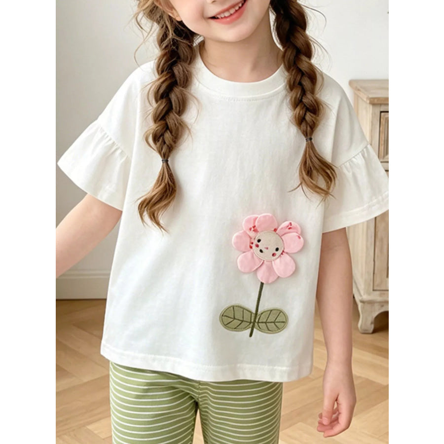 Children’s 3D Flower Applique Ruffle Sleeve Top & Striped Pants Set White / 3T Apparel and Accessories