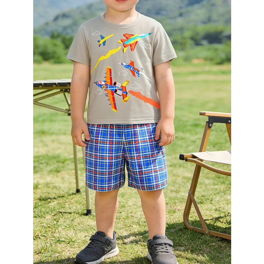 Children’s Airplane Graphic Tee & Plaid Shorts Set Gray / 2Y Apparel and Accessories