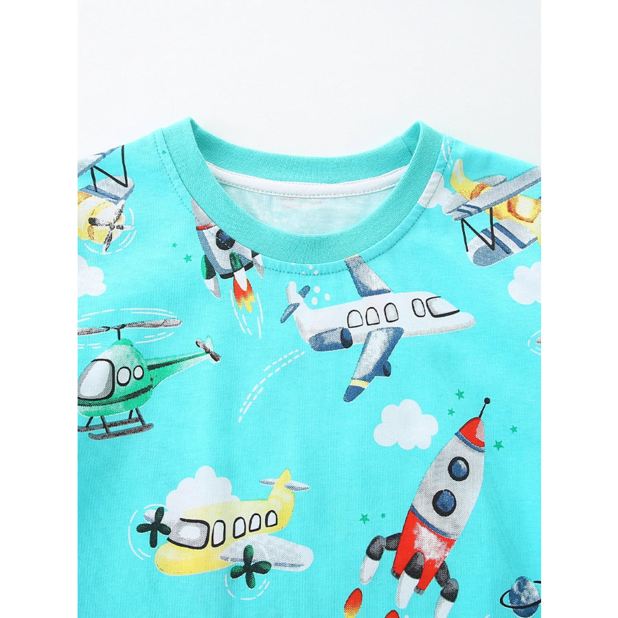 Children’s Airplane & Rocket Print Crew Neck Short Sleeve T-Shirt Apparel and Accessories