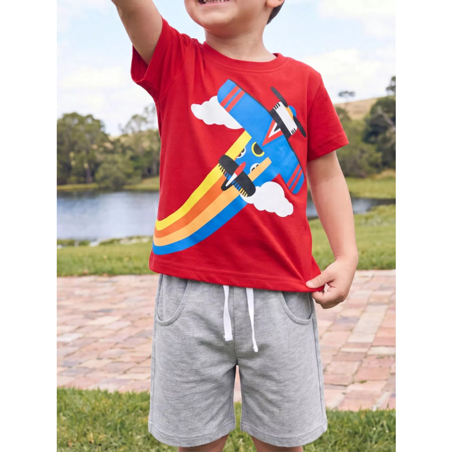 Children’s Airplane Round Neck T-Shirt and Shorts Set Red / 2-3 Apparel and Accessories