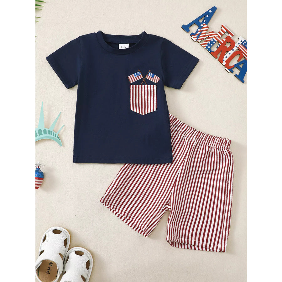 Children’s American Flag Pocket T-Shirt and Striped Shorts Set Blue / 6-12M Apparel and Accessories