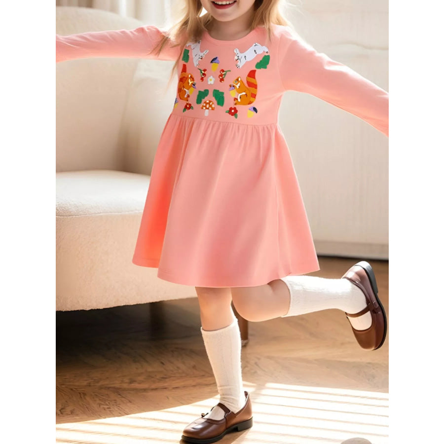 Children’s Animal Embroidered Long Sleeve Dress Watermelon pink / 2Y Apparel and Accessories