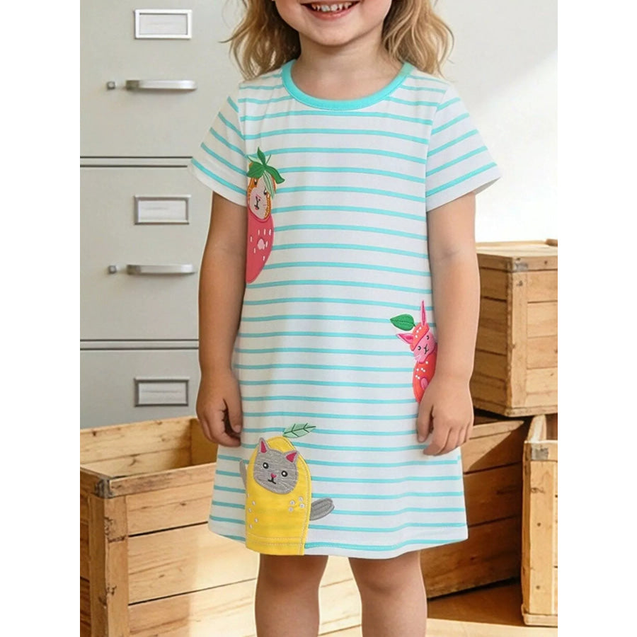 Children’s Animal Embroidered Striped Casual Dress Mint Blue / 2Y Apparel and Accessories