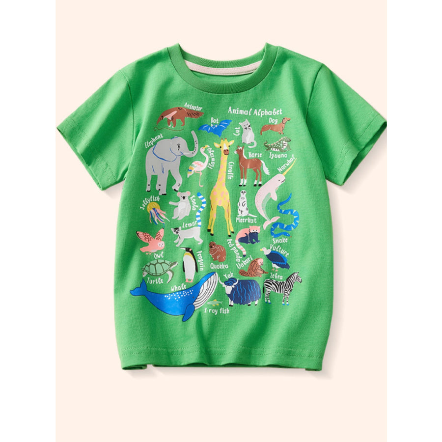 Children’s Animal Print Crew Neck Short Sleeve T-Shirt Green / 3Y Apparel and Accessories