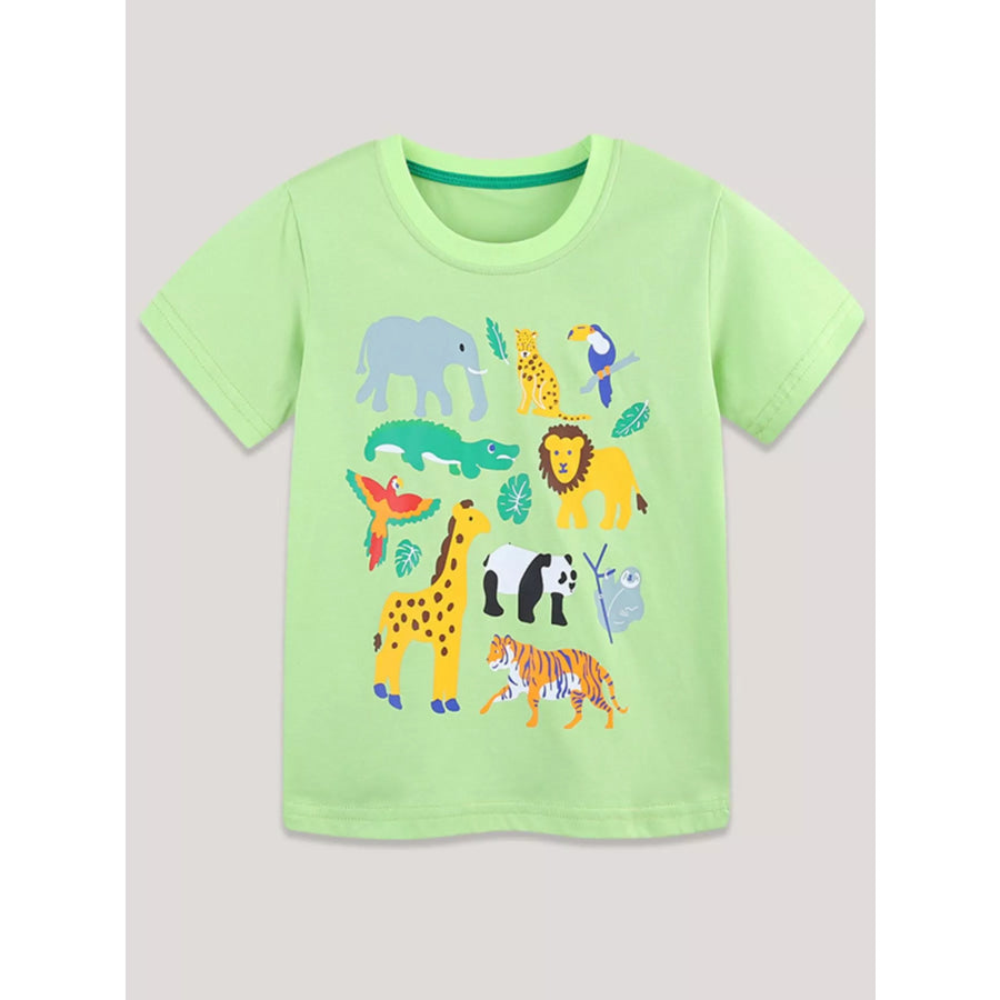 Children’s Animal Print Round Neck T-Shirt Neon Green / 2Y Apparel and Accessories