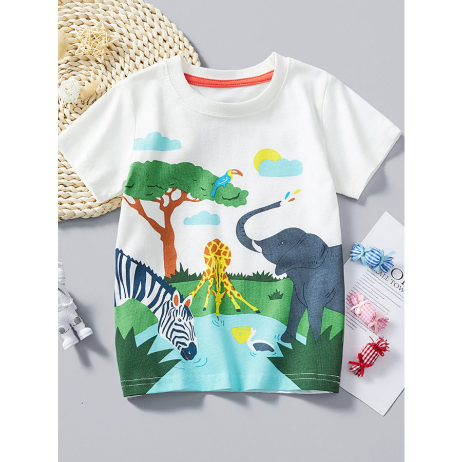 Children’s Animal Print Round Neck T-Shirt White / 3Y Apparel and Accessories