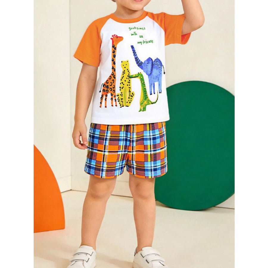 Children’s Animal Print Tee & Plaid Shorts Set Orange / 2Y Apparel and Accessories