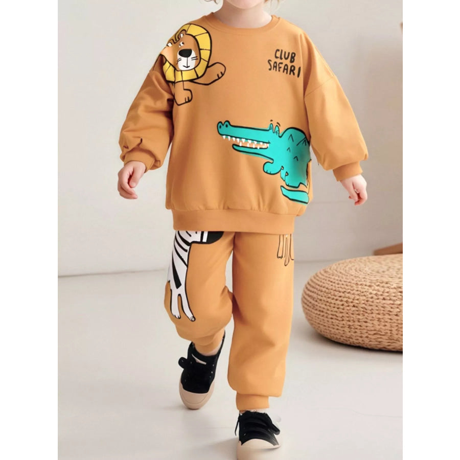 Children’s Animal Round Neck Sweatshirt and Pants Set Gold / 2Y Apparel and Accessories