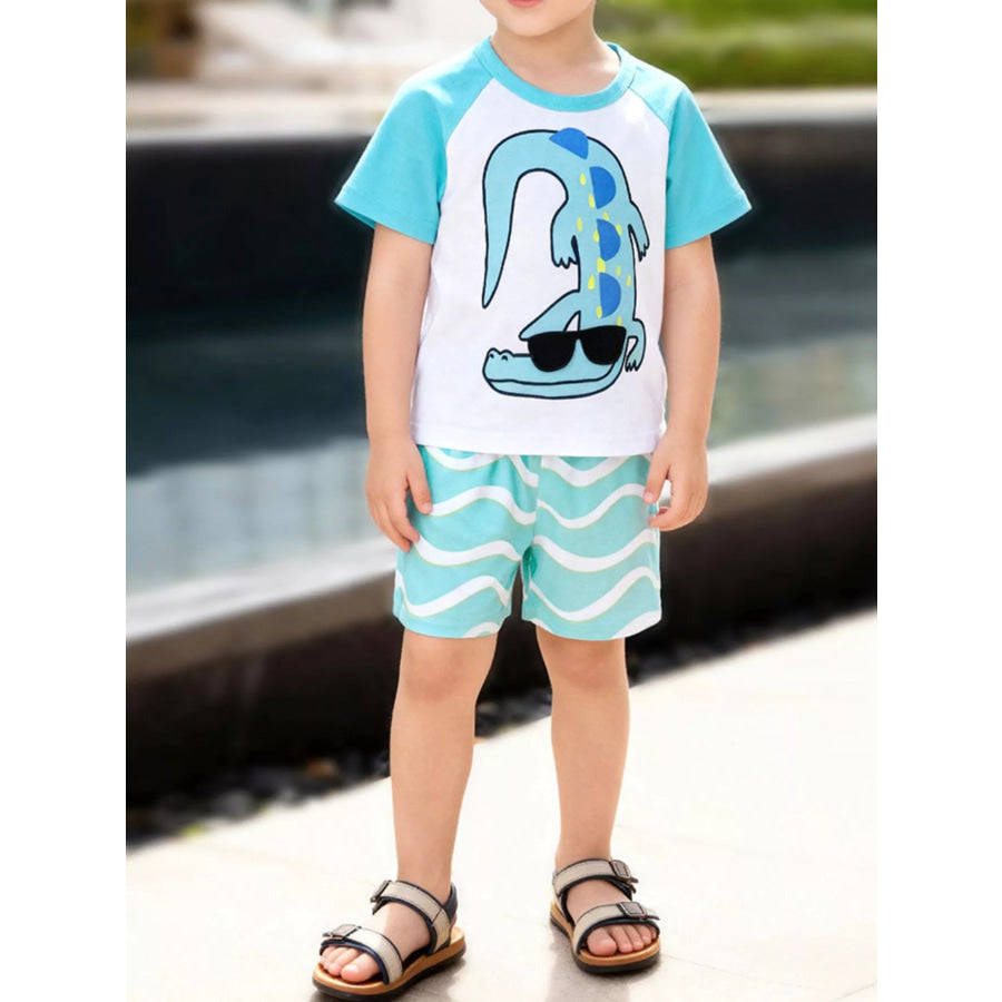 Children’s Animal Round Neck Top and Shorts Set Aqua / 2Y Apparel and Accessories