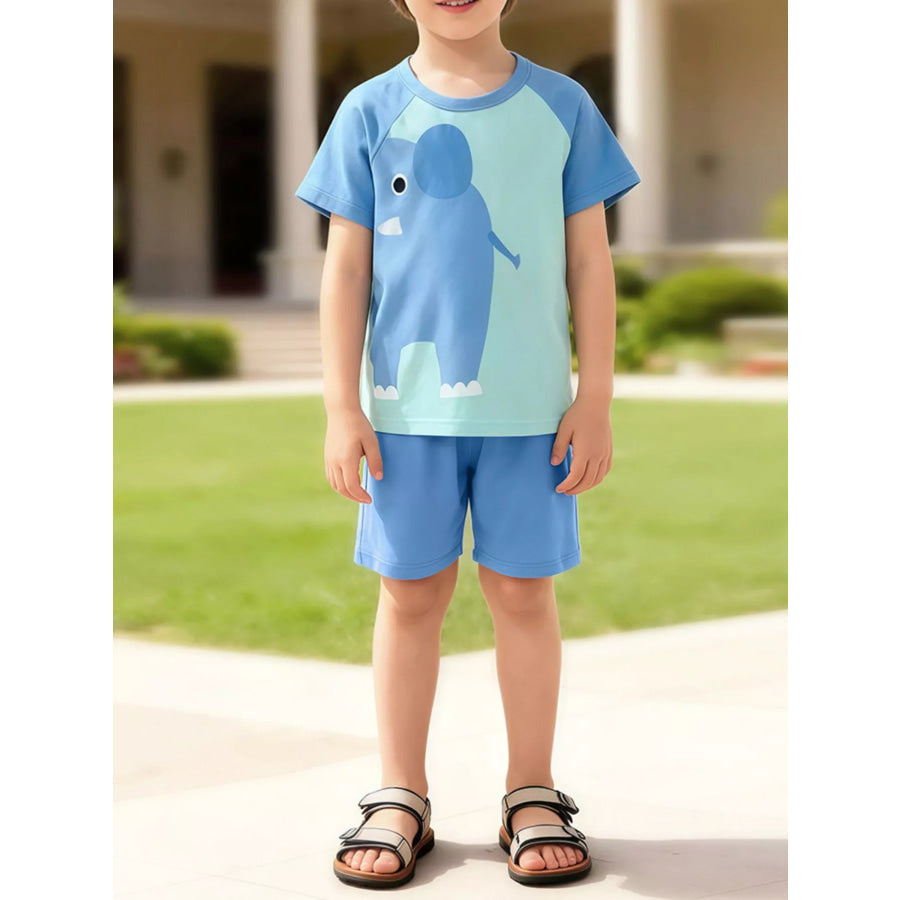 Children’s Animal Round Neck Top and Shorts Set Pastel Blue / 2Y Apparel and Accessories