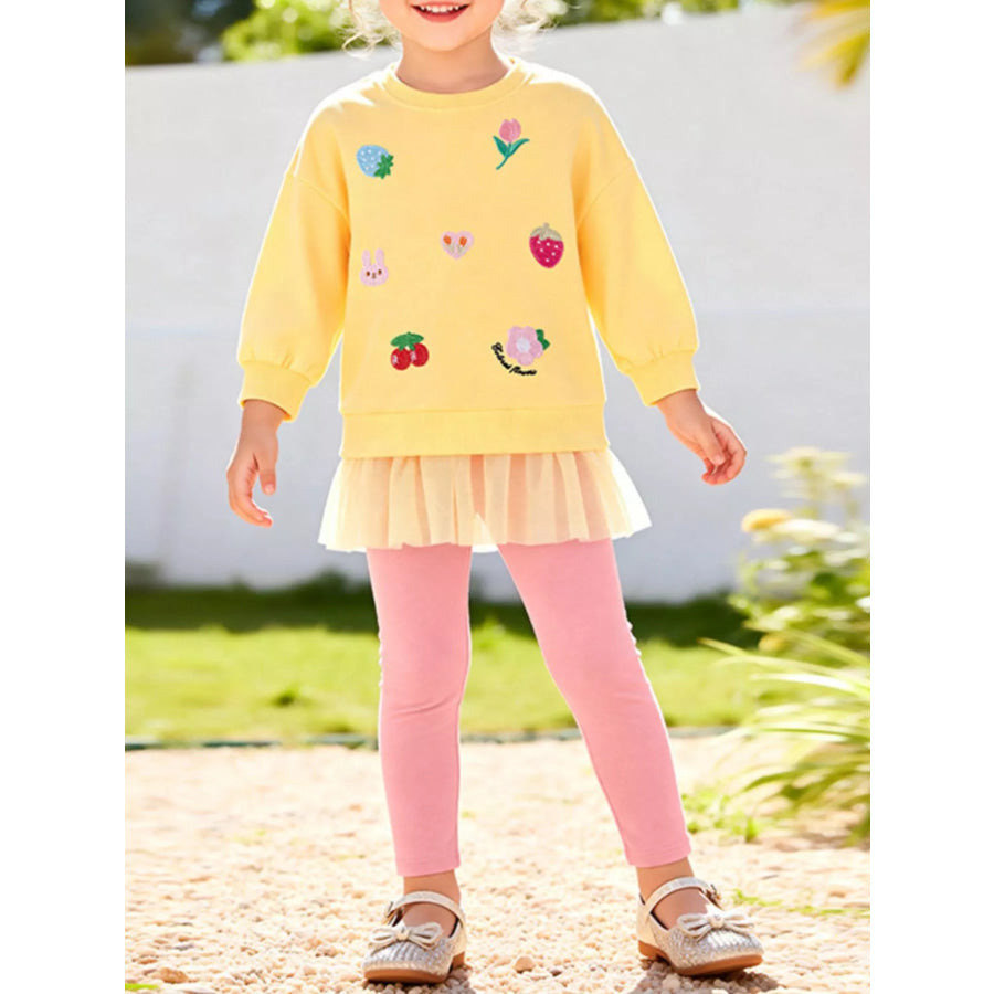 Children’s Applique Sweatshirt and Leggings Two-Piece Set with Tulle Hem Yellow / 2Y Apparel and Accessories