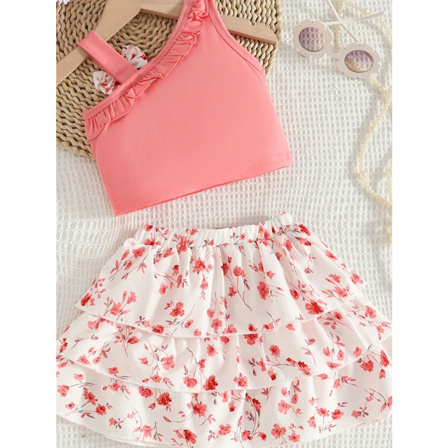 Children’s Asymmetrical Neck Top & Floral Layered Skirt Set Pink / 9-12M Apparel and Accessories