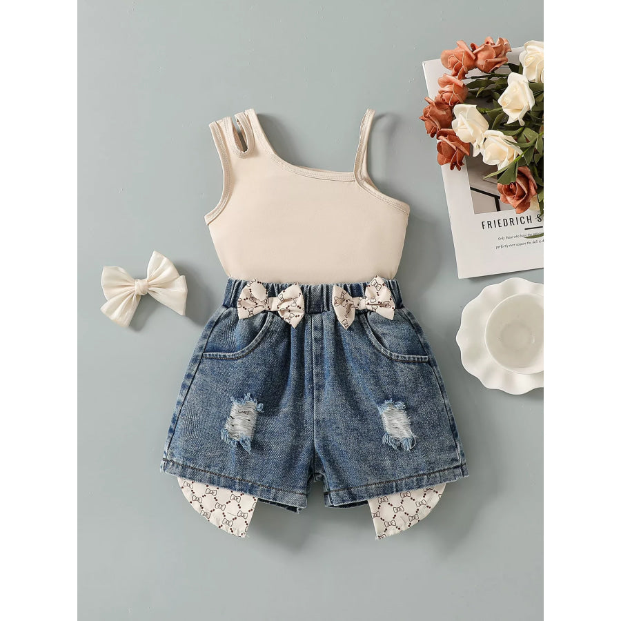 Children’s Asymmetrical Tank Top & Bow-Accent Denim Shorts Set Apparel and Accessories