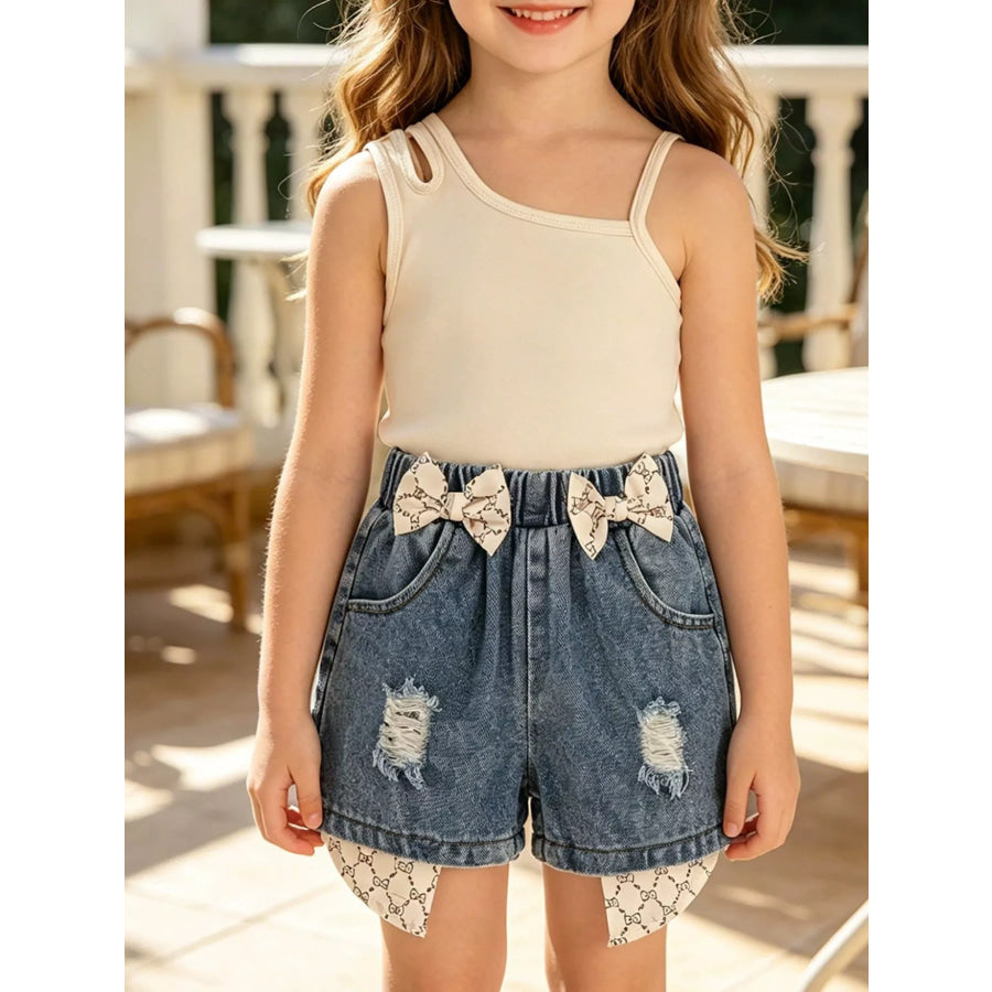 Children’s Asymmetrical Tank Top & Bow-Accent Denim Shorts Set Beige / 4Y Apparel and Accessories