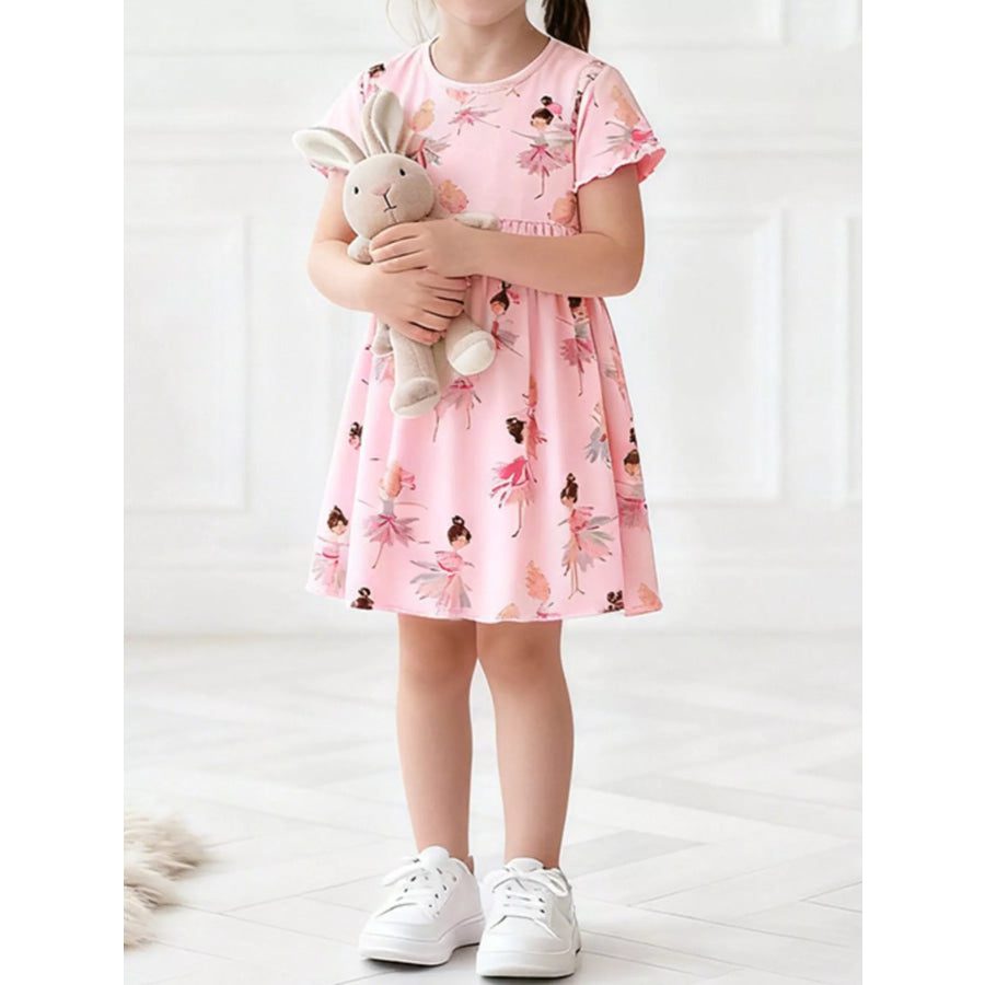 Children’s Ballerina Print Short Sleeve Dress Blush Pink / 3Y Apparel and Accessories