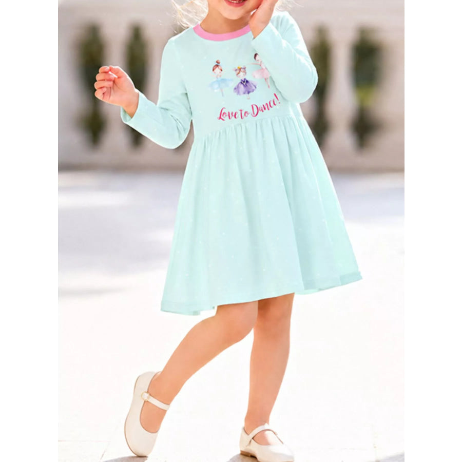 Children’s Ballet Dancer Graphic Long Sleeve Dress Mint Blue / 2Y Apparel and Accessories