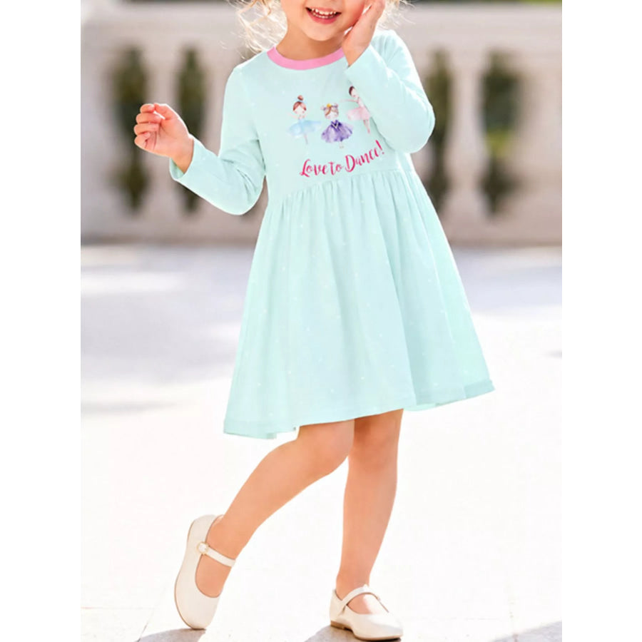 Children‘s Ballet Dancer Print Long Sleeve Dress Mint Blue / 2Y Apparel and Accessories
