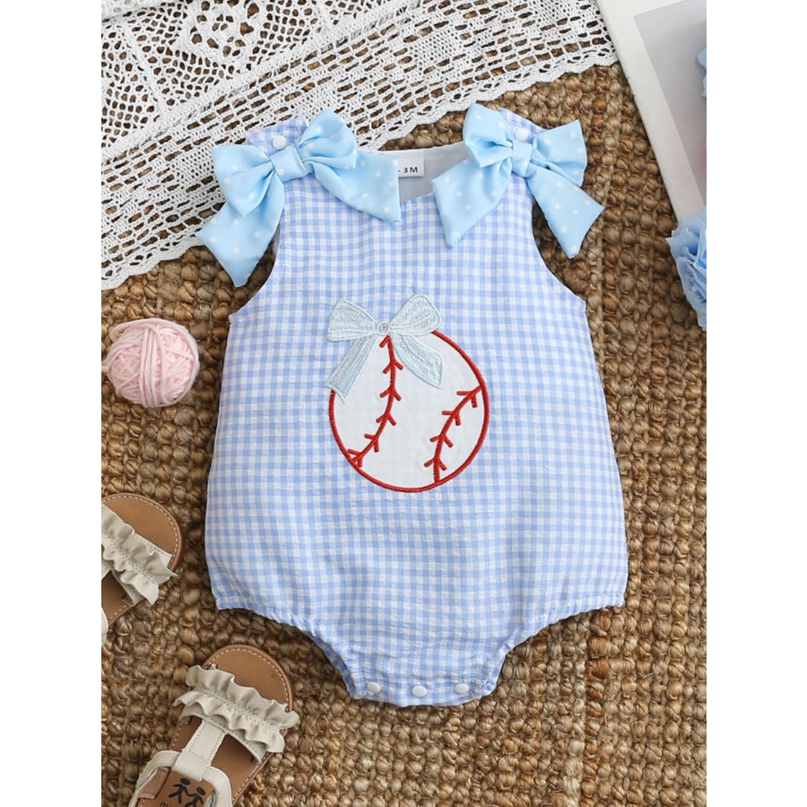 Children’s Baseball Embroidered One-Piece with Bows Pastel Blue / 0-3M Apparel and Accessories