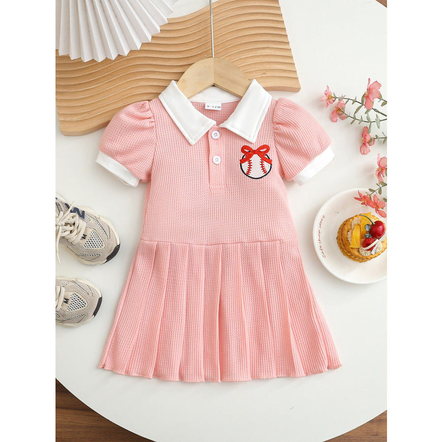 Children’s Baseball Embroidered Pleated Dress Pink / 6-12M Apparel and Accessories