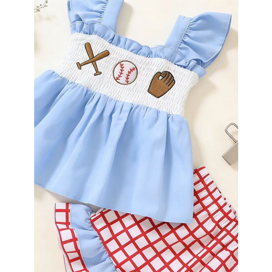 Children’s Baseball Embroidered Ruffle Trim Top and Shorts Set Apparel and Accessories
