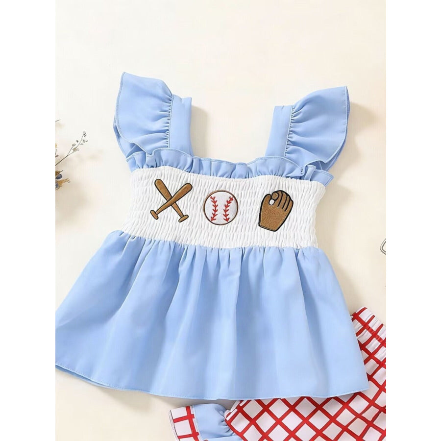 Children’s Baseball Embroidered Ruffle Trim Top and Shorts Set Apparel and Accessories