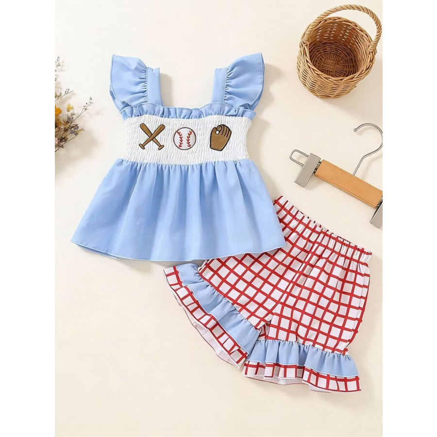 Children’s Baseball Embroidered Ruffle Trim Top and Shorts Set Sky Blue / 6-12M Apparel and Accessories