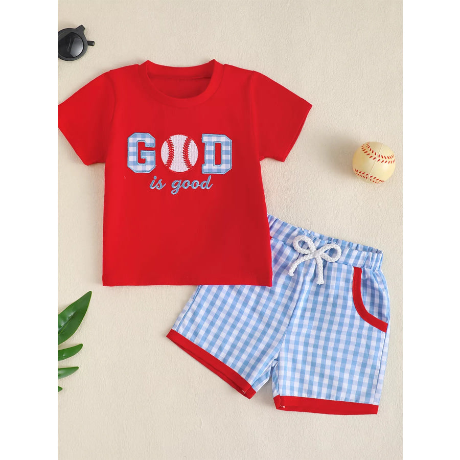 Children’s Baseball Embroidered T-shirt and Gingham Shorts Set Red / 6-12M Apparel and Accessories