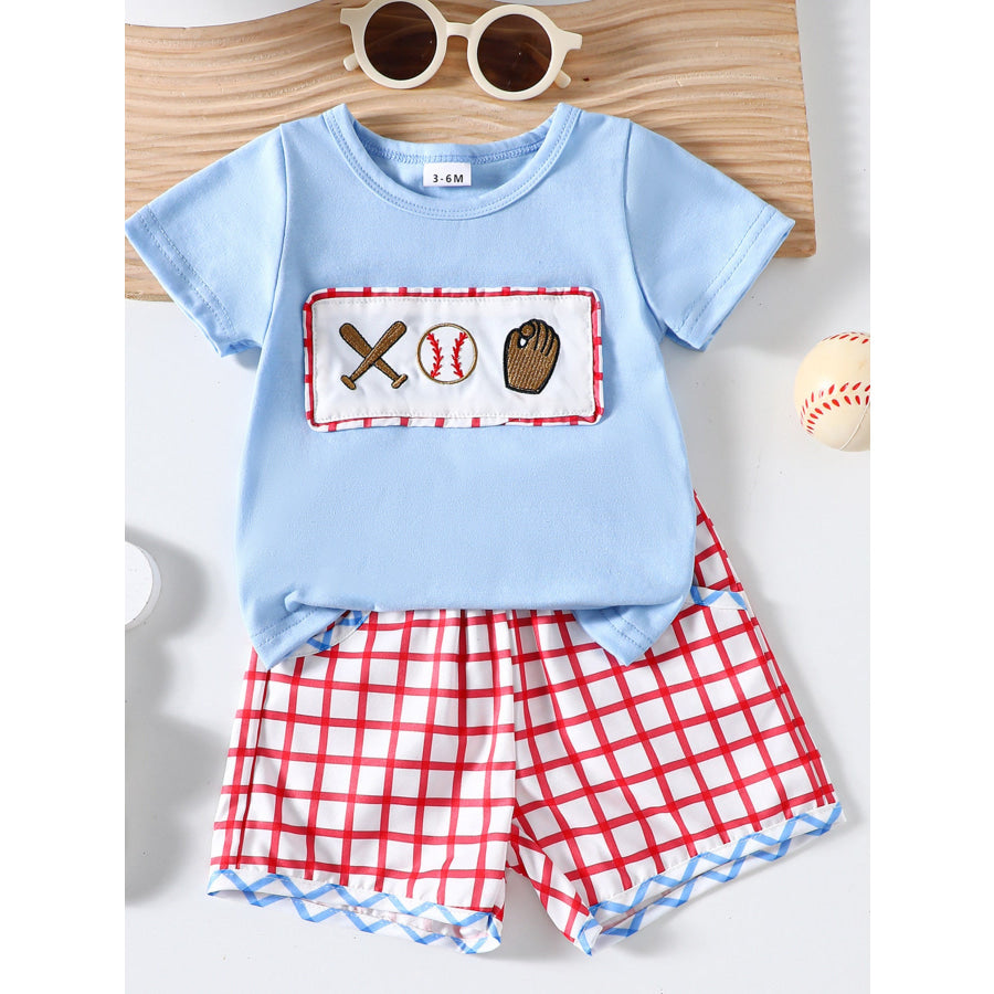 Children’s Baseball Embroidered Top & Plaid Shorts Set Sky Blue / 3-6M Apparel and Accessories