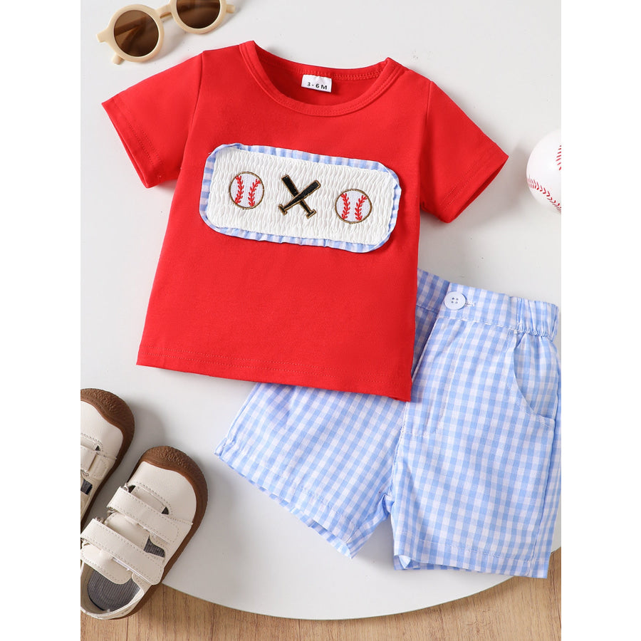 Children’s Baseball Graphic Tee & Gingham Shorts Set Red / 3-6M Apparel and Accessories